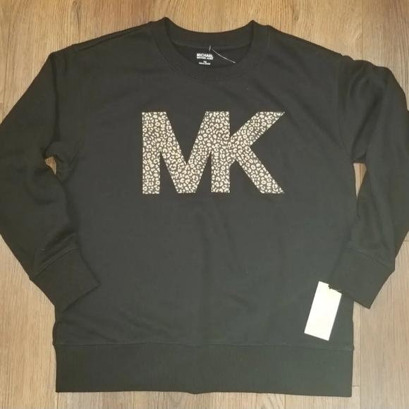 NWT Michael Kors Women’s Black MK Leopard  Logo Pullover Sweatshirt Top - XS - Picture 3 of 5